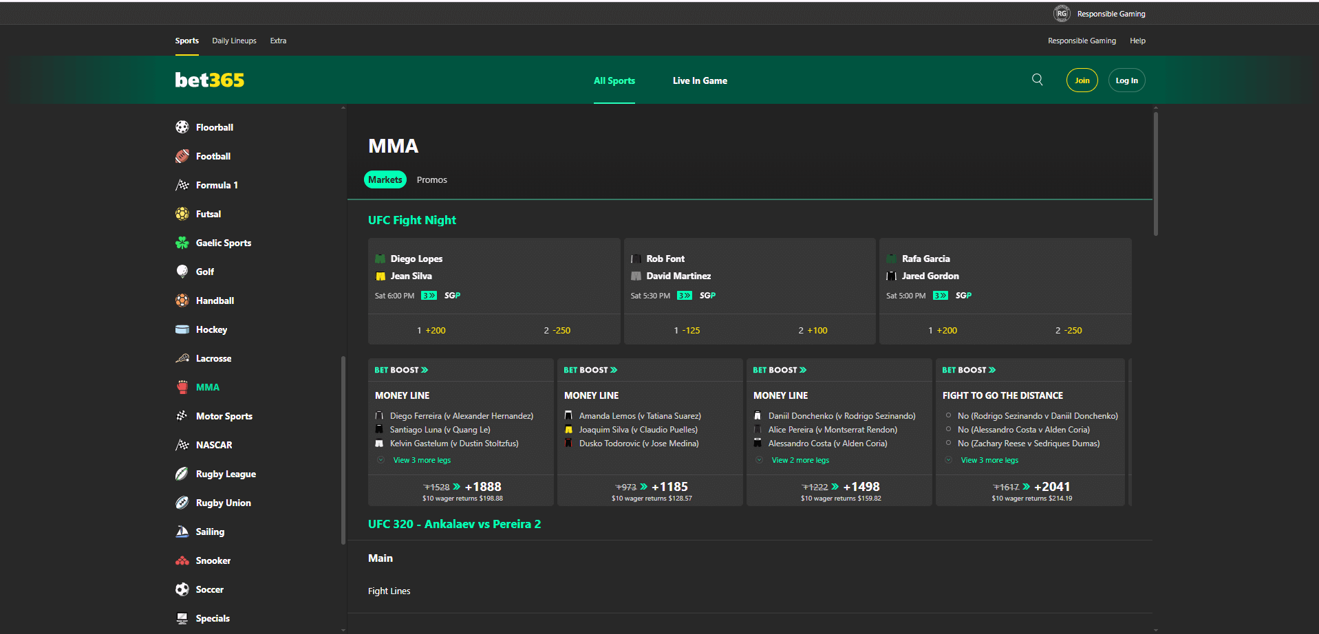 Bet365 UFC Betting